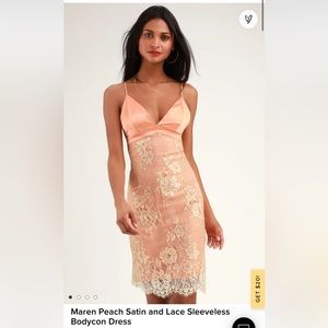 Maren Peach Satin and Lace Sleeveless Bodycon Dress